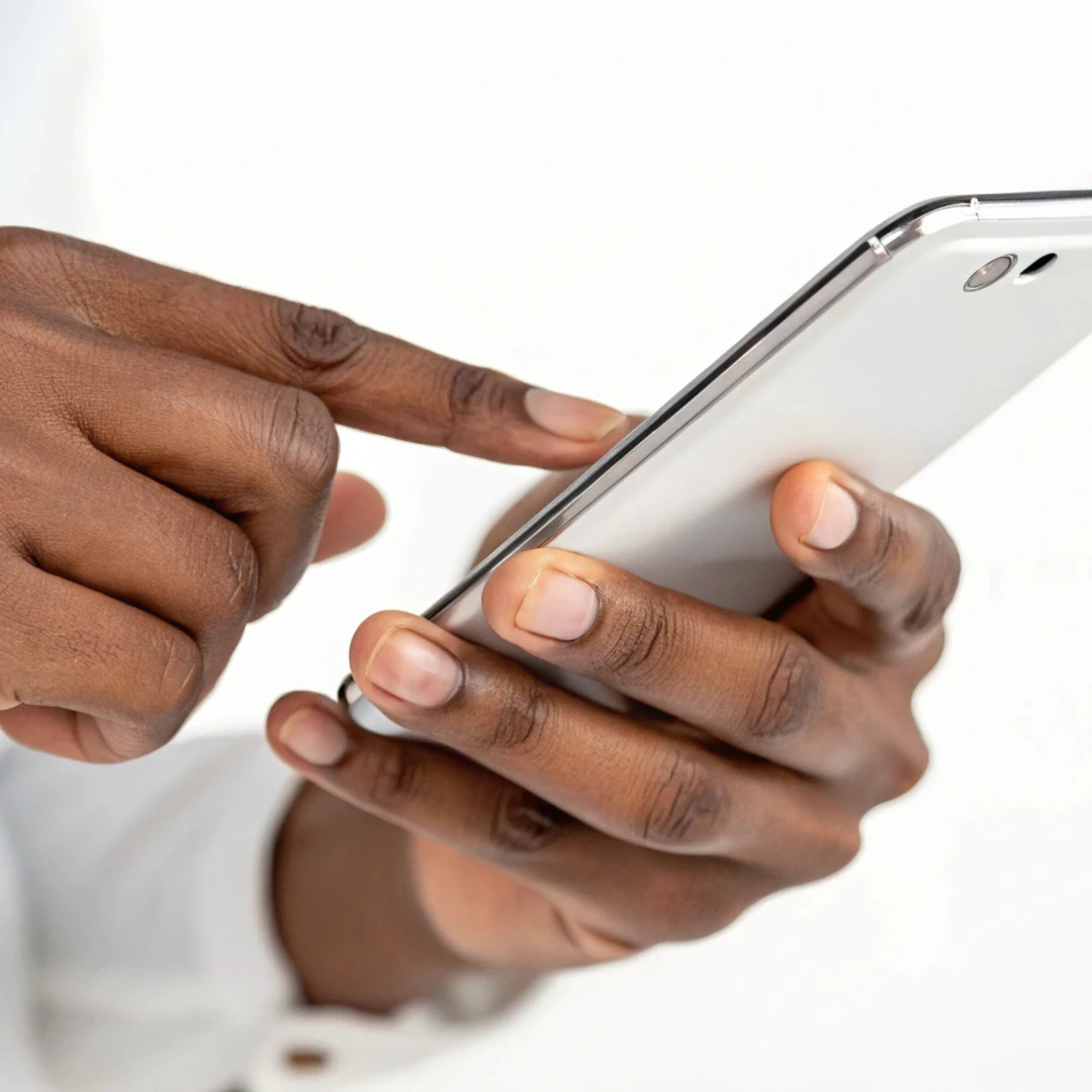 Person texting on mobile phone with clean white background