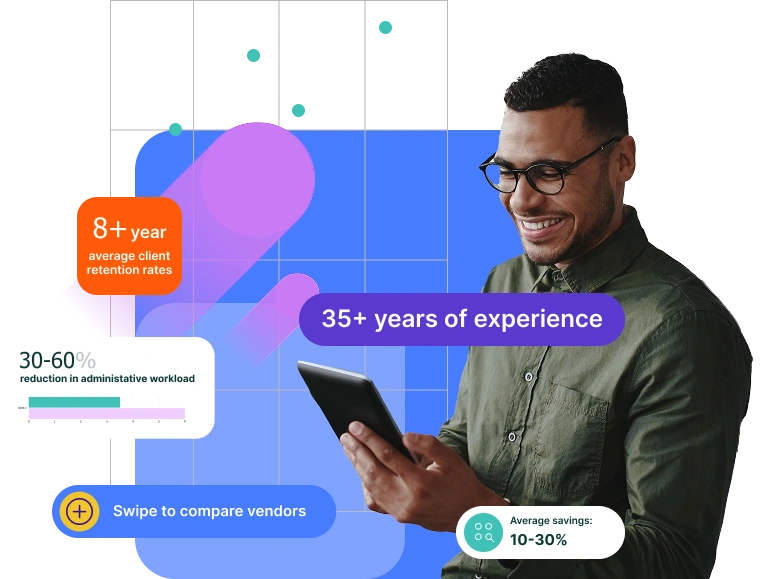 Smiling-professional-man-holding-a-tablet-with-overlay-graphics-highlighting-business-stats Smiling professional man holding a tablet, with overlay graphics highlighting business stats