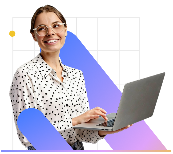 Smiling woman holding a laptop, with overlay graphics showcasing business benefits