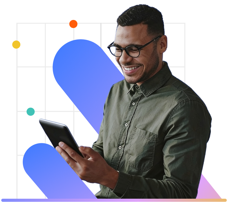 Smiling professional man holding a tablet, with overlay graphics highlighting business stats