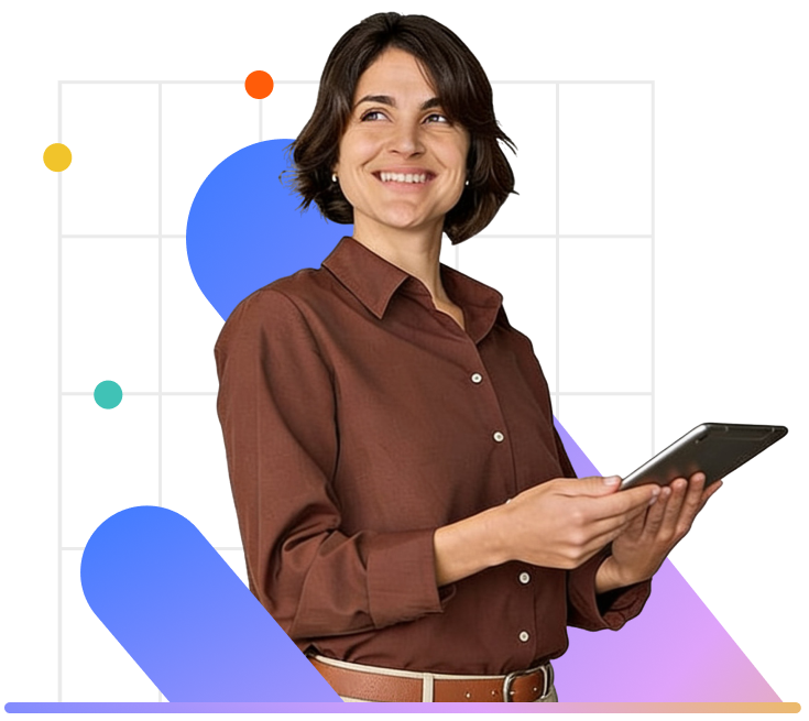 Why_Valicom Confident businesswoman holding a tablet, with overlay graphics showing business stats