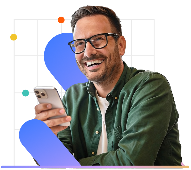 Smiling man holding a smartphone with overlaid graphics highlighting business stats