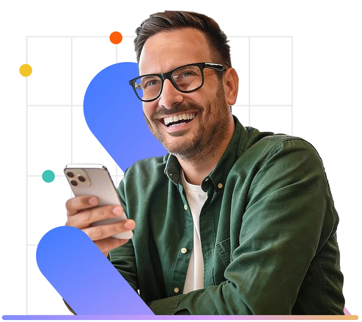 Smiling man holding a smartphone with overlaid graphics highlighting business stats